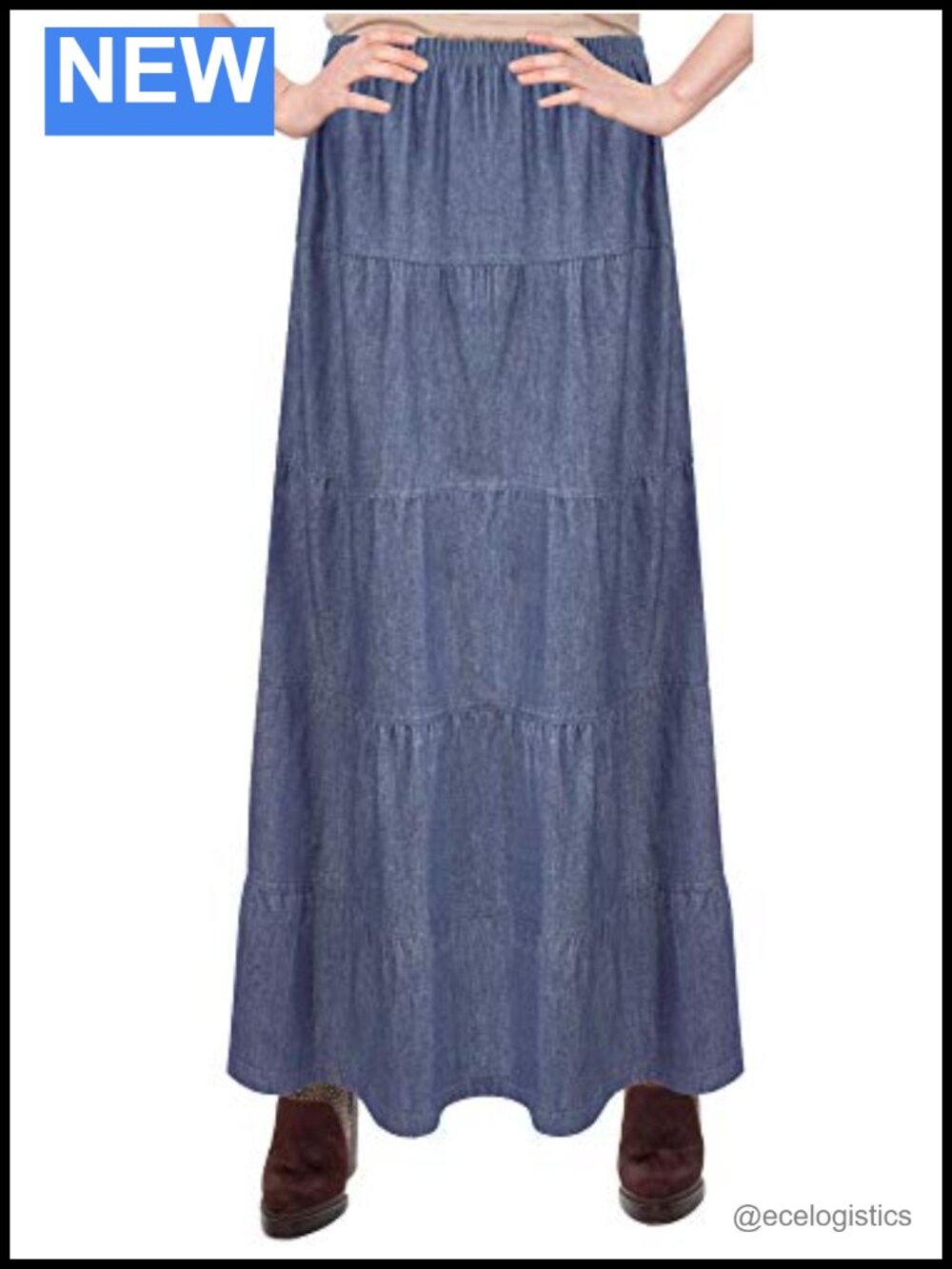 100% Cotton High Rise Tiered Ankle Length Denim Prairie Skirt